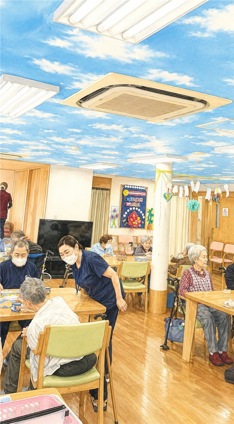 天井いっぱいに青空が広がるデイサービスのフロア（イラスト）