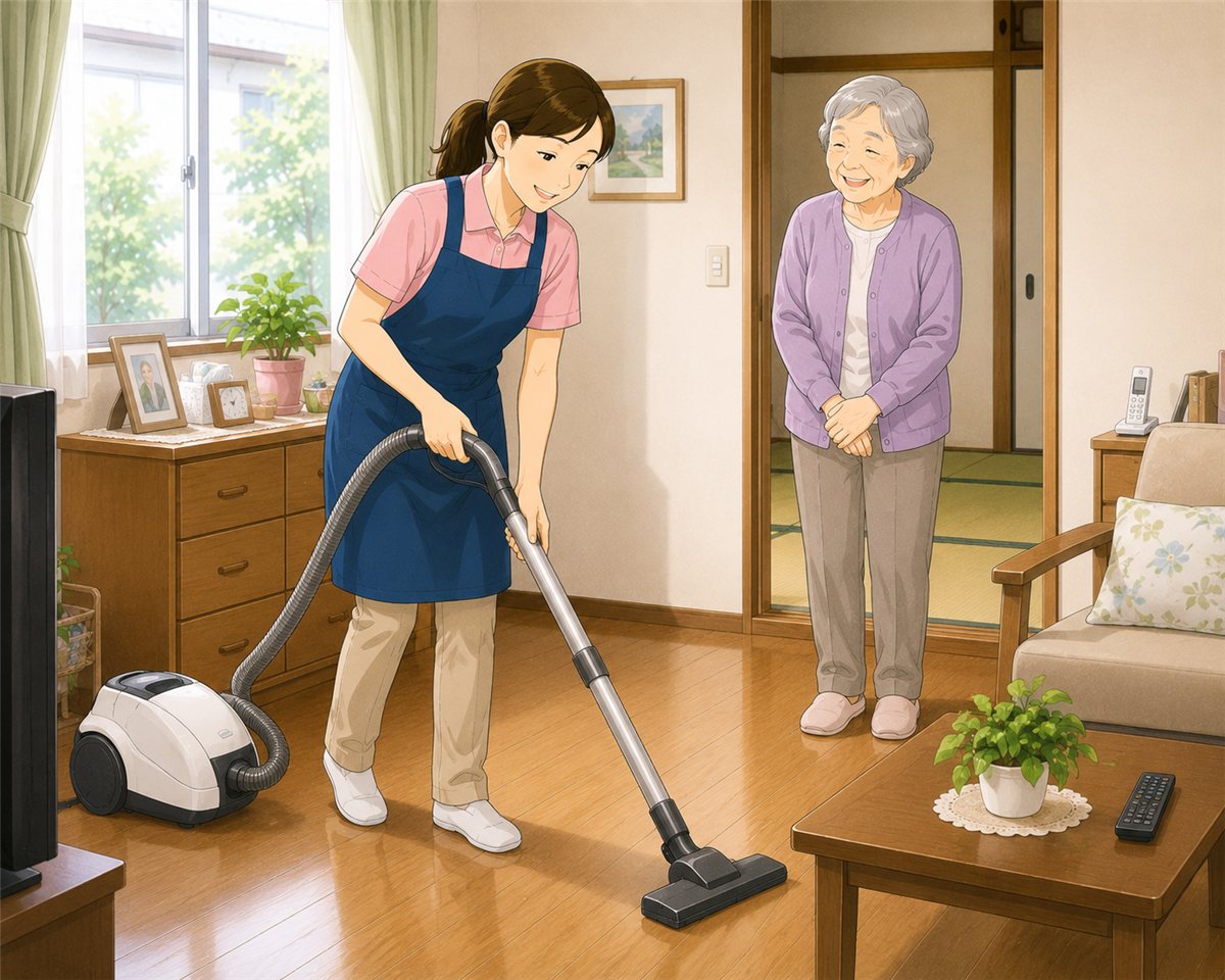 ご自宅を訪問してお掃除を手伝うスタッフ（イラスト）
