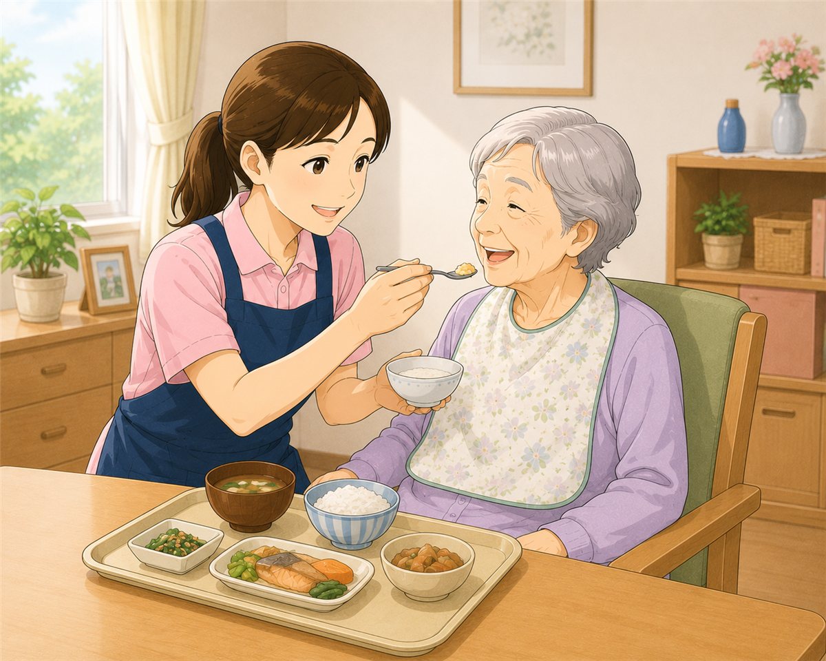 スタッフがやさしくお食事の介助をする様子（イラスト）