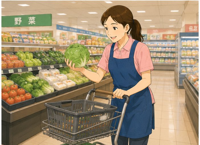 スーパーで買い物を代行するスタッフ（イラスト）