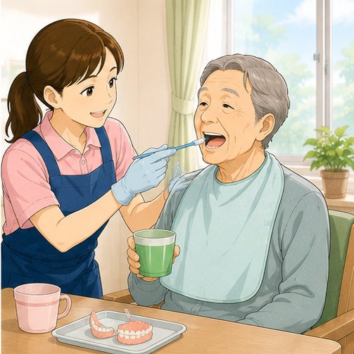 歯科衛生士がやさしく口腔ケアをする様子（イラスト）