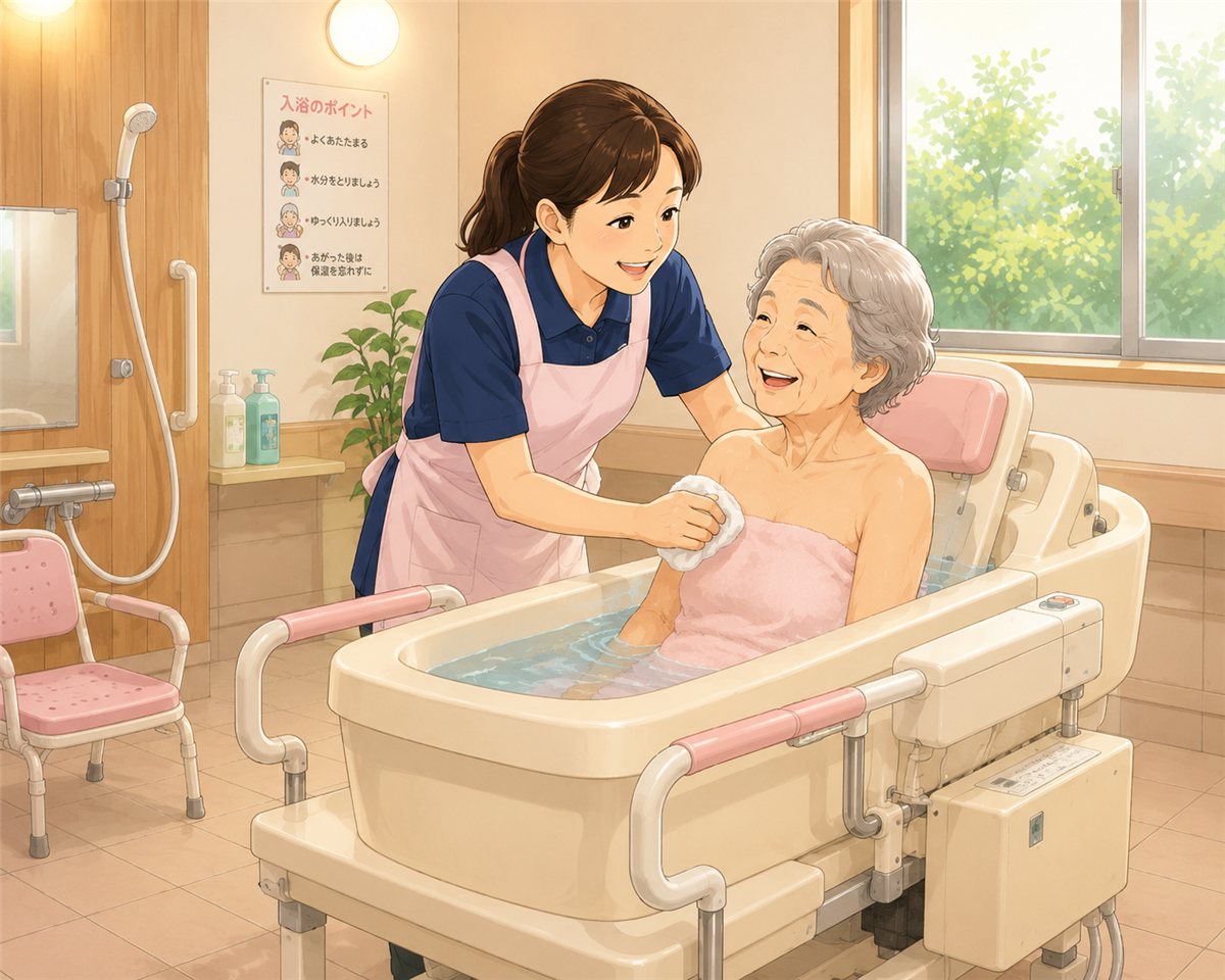 スタッフがやさしく入浴のお手伝いをする様子（イラスト）