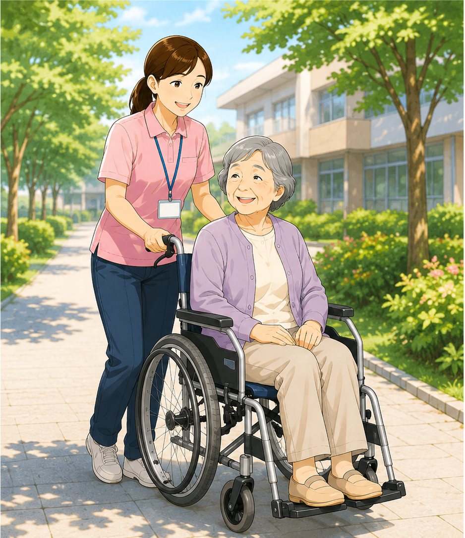 スタッフが車いすでのお散歩に付き添う様子（イラスト）