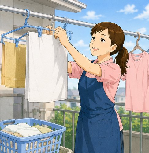 洗濯物をベランダに干すスタッフ（イラスト）