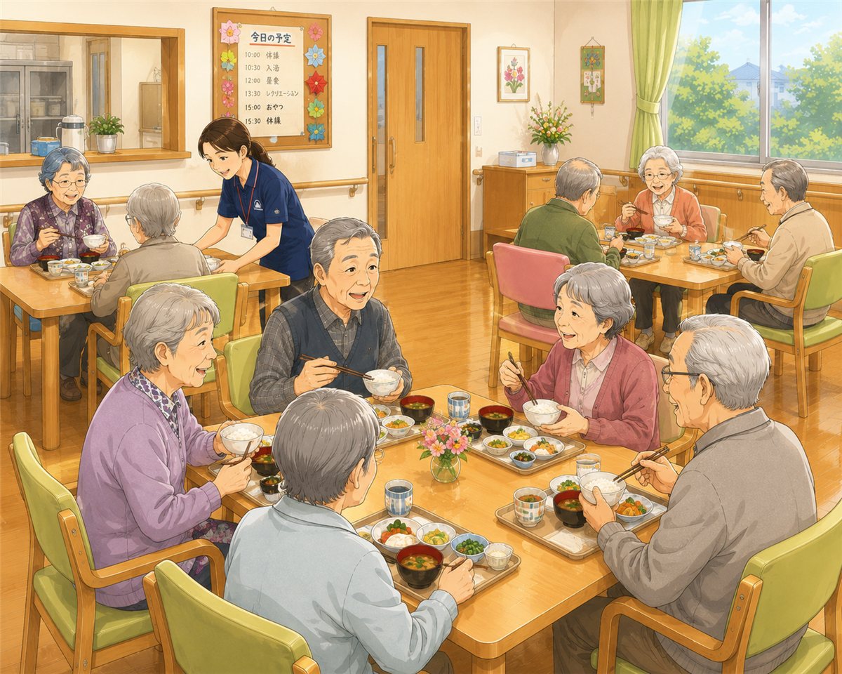 みんなでにぎやかにお昼ごはんを楽しむ様子（イラスト）