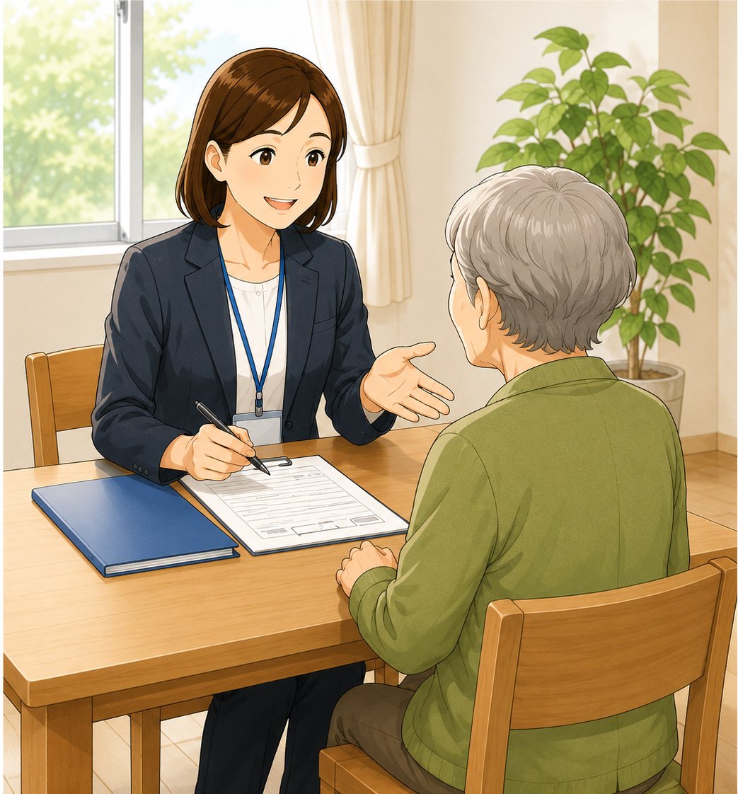 ケアマネジャーがテーブルでご相談をうかがう様子（イラスト）