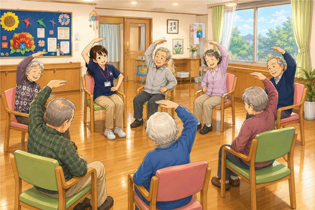 いすに座ってみんなで体操を楽しむ様子（イラスト）