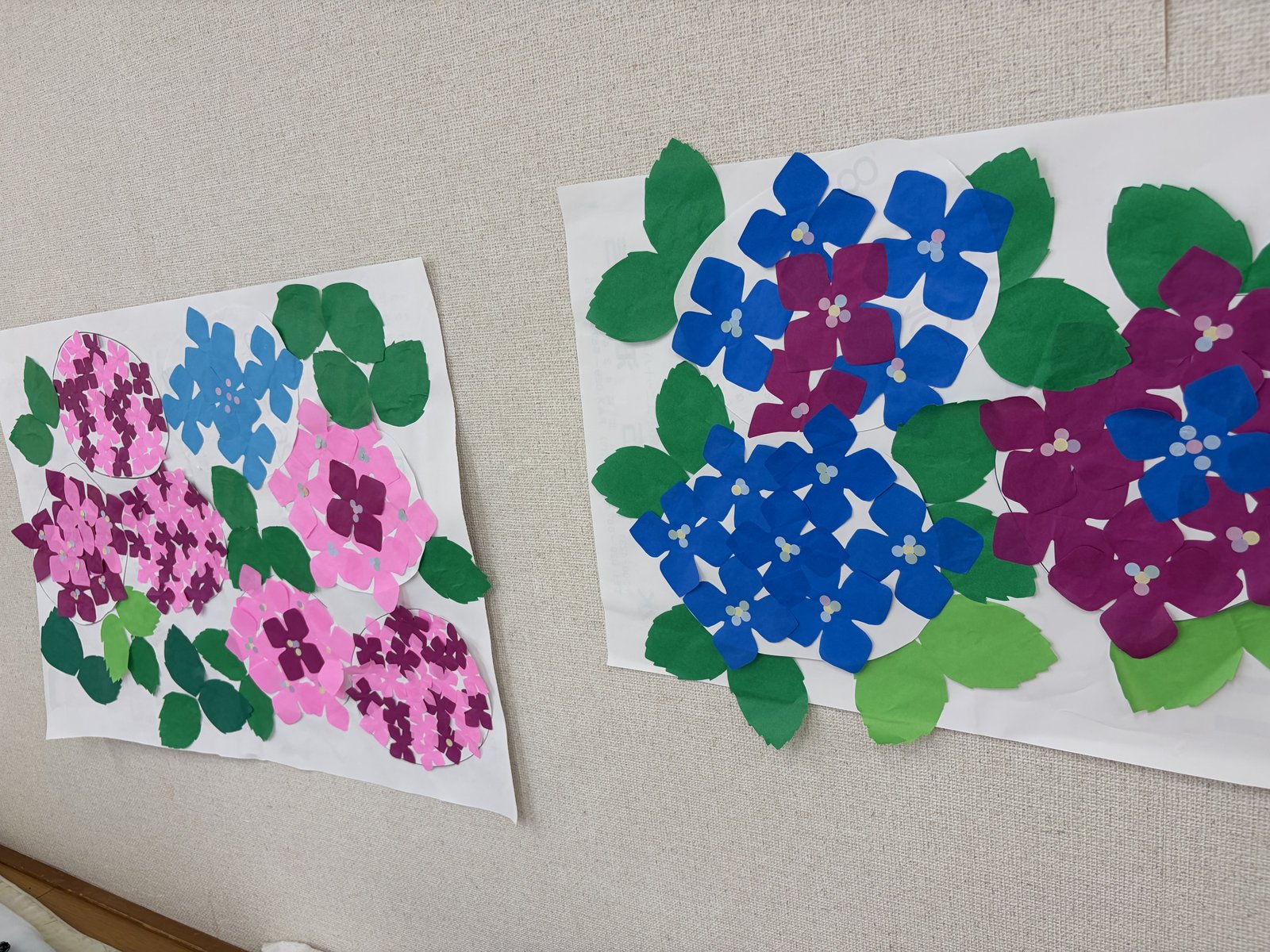 なかよし 利用者様と作ったあじさいの貼り絵の壁面かざり